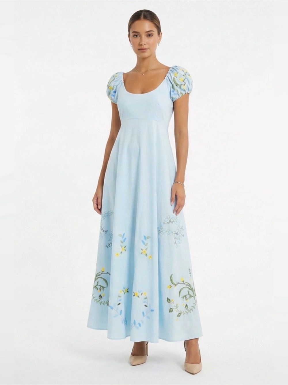 Fanm Mon Perla Dress Embroidered Blue Floral Puff Sleeve Small